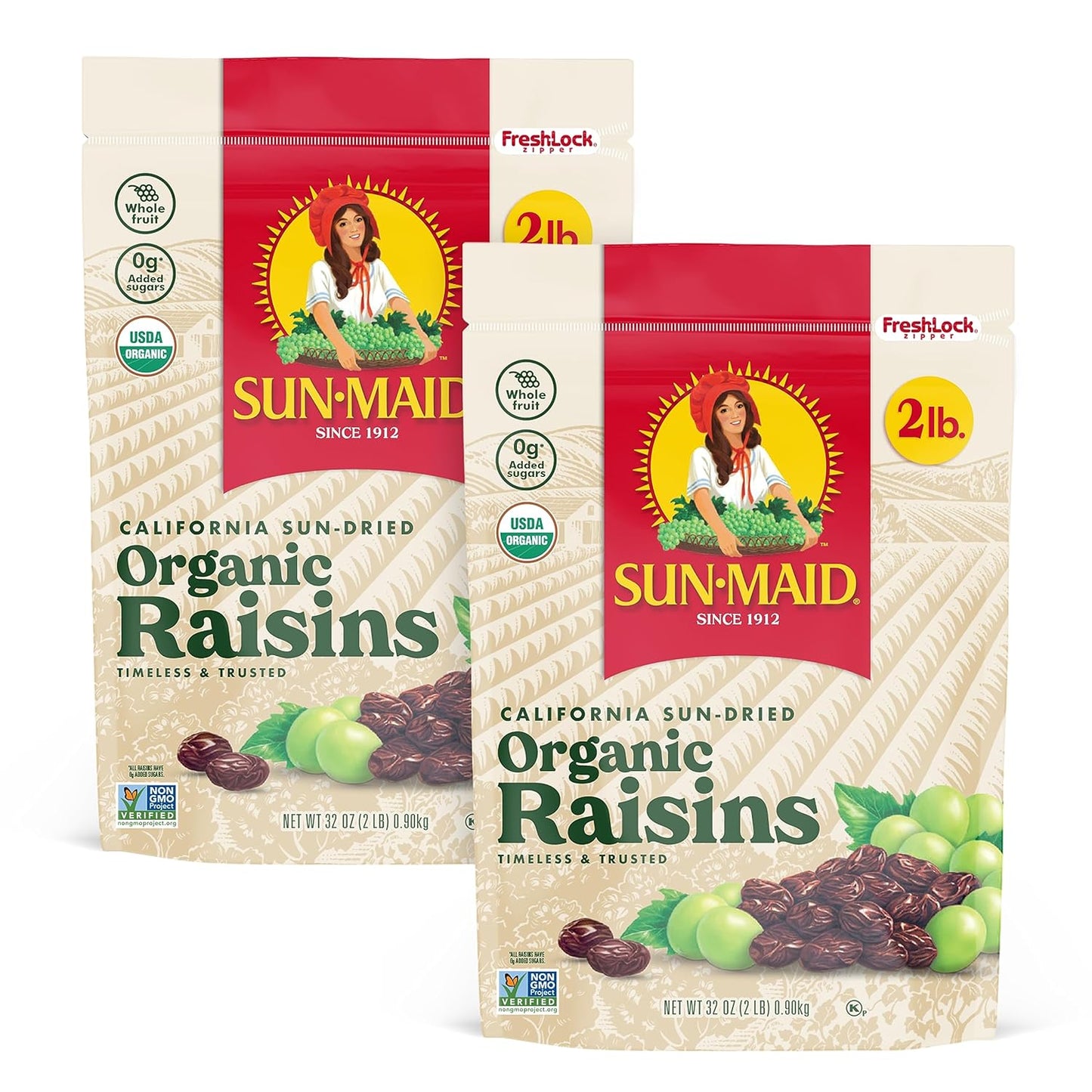 Sun-Maid Organic California Sun-Dried Raisins - (2 Pack) 32 oz Resealable Bag - Organic Dried Fruit Snack for Lunches, Snacks, and Natural Sweeteners