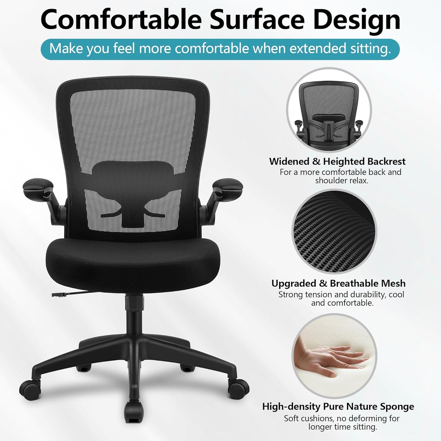 FelixKing Office Chair, Ergonomic Desk Chair Breathable Mesh Chair with Adjustable High Back Lumbar Support Flip-up Armrests, Executive Rolling Swivel Comfy Task Computer Chair for Home Office