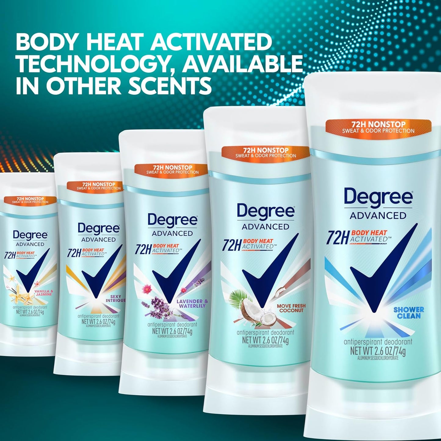 Degree Advanced Protection Antiperspirant Deodorant Shower Clean for 72-Hour Sweat & Odor Control for Women, with Body Heat Activated Technology, 2.6 oz