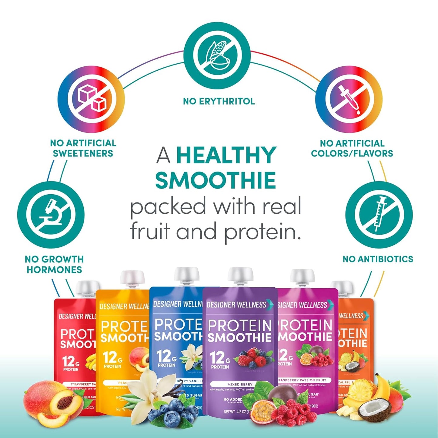 Designer Wellness Protein Smoothie, Real Fruit, 12g Protein, Low Carb, Zero Added Sugar, Gluten-Free, Non-GMO, No Artificial Colors or Flavors, Mix Variety, 12 Count