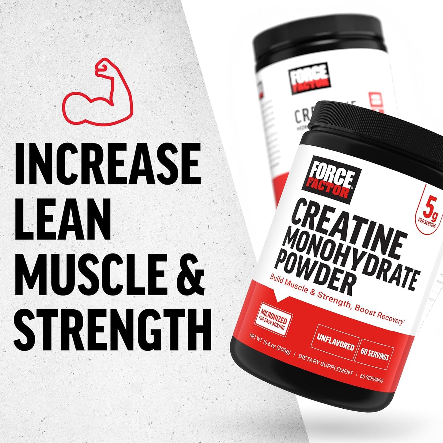 FORCE FACTOR Creatine Monohydrate, Creatine Powder for Muscle Gain, More Strength, and Faster Workout Recovery, Clinically Studied Micronized Creatine 5g Dose Per Serving, Unflavored, 60 Servings