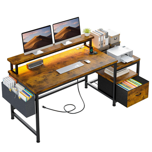 EnHomee 56.5" Computer Desk with File Drawers Cabinet,Home Office Desk with Shelves Monitor Stand,Study Writing Gaming Desk with Power Outlets,Work Table with Printer Space,Rustic Brown