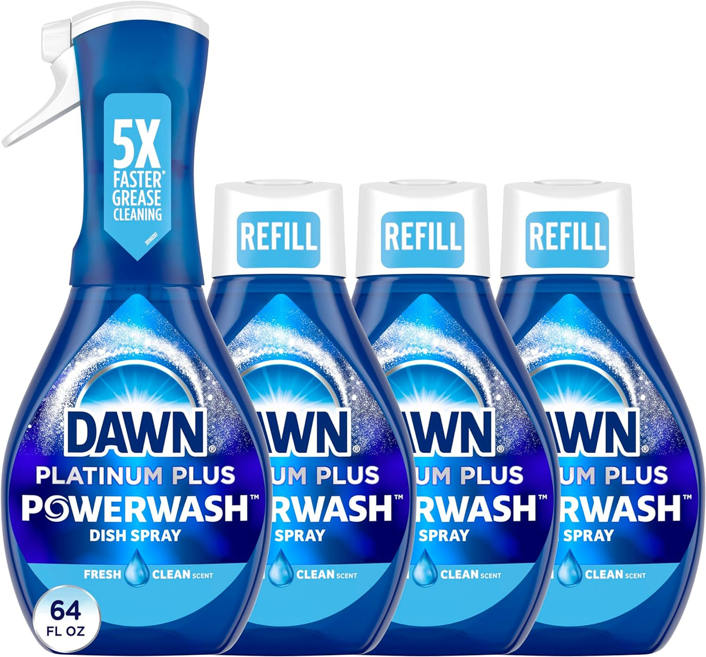 Dawn Platinum Powerwash Dish Spray, Dish Soap, Fresh Scent Bundle, 1 Spray (16oz) + 3 Refills (16oz each)