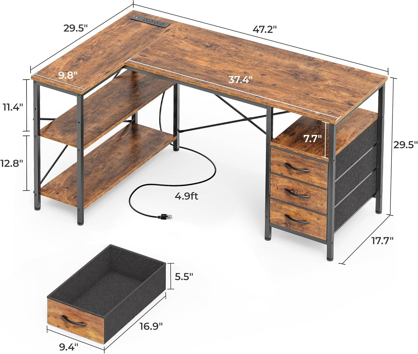 L Shaped Desk with Power Outlets, Computer Desk with 3 Drawers, 47 Inch Office Desk with Shelves, Gaming Desk, Corner Desk Work Desk for Home Office, Study, Rustic Brown