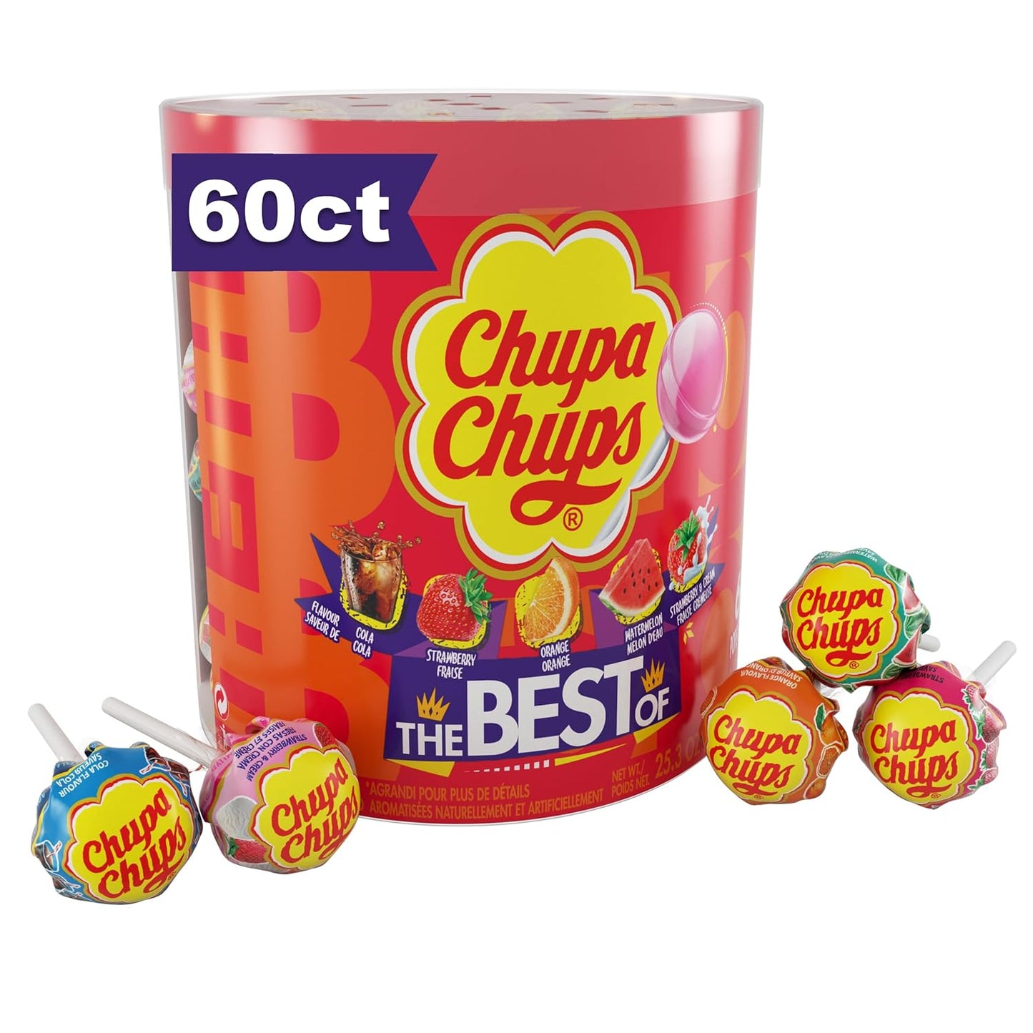 Chupa Chups ‘Best Of’ Halloween Trick or Treat Candy Lollipop Variety Assortment, 5 Flavors, Individually Wrapped Bulk Candy for Adults & Kids, 25.3 oz Drum (60 Suckers)