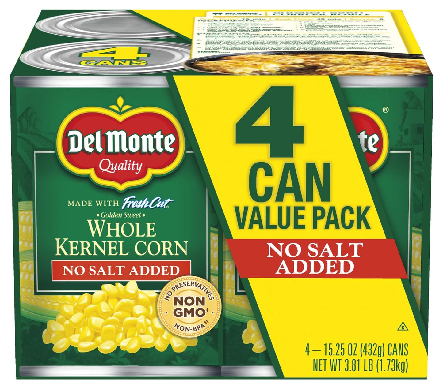 Del Monte Fresh Cut Golden Sweet Whole Kernel Corn With No Added Salt 4-15.25 Oz. Can, 15.25 Oz (Pack Of 4)