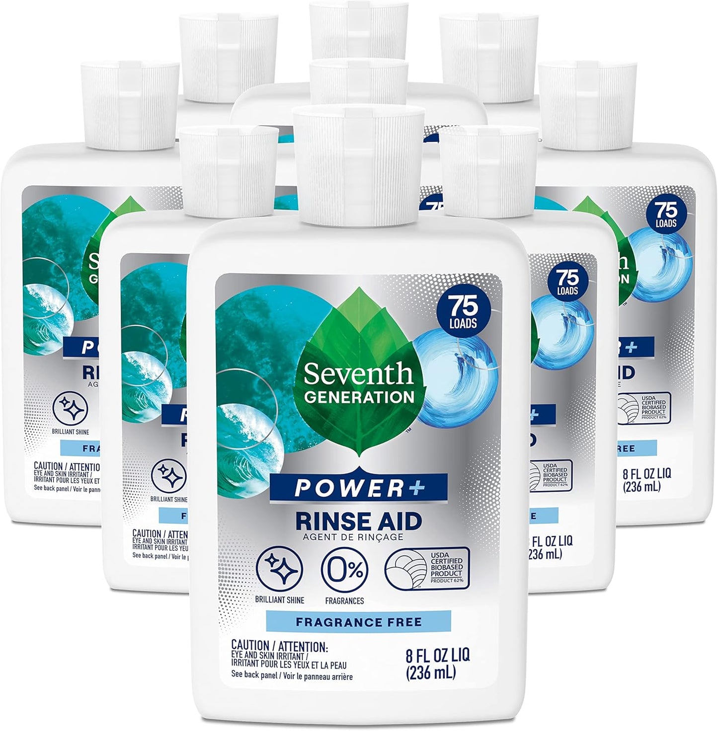 Seventh Generation Power+ Dishwasher Rinse Aid, Fragrance Free, 8 fl oz, (Pack of 9)