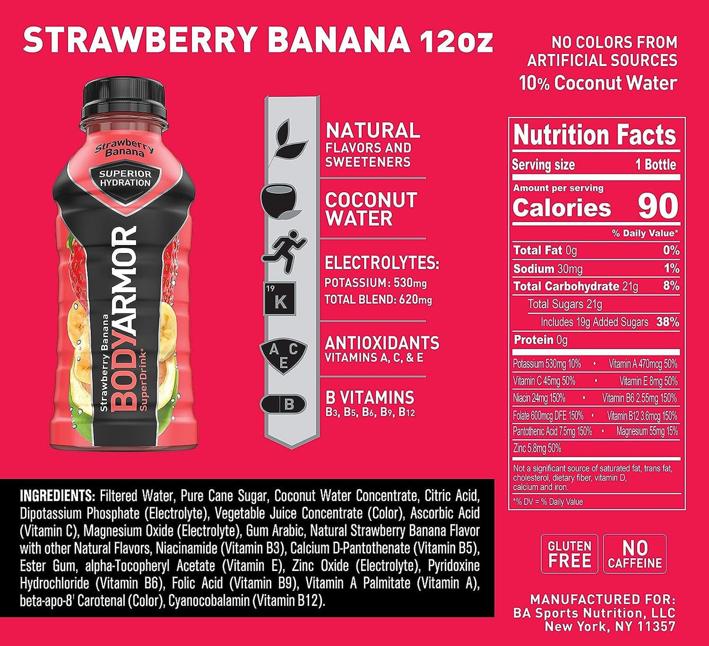 BODYARMOR Sports Drink Variety Pack, Coconut Water Hydration, Natural Flavors w Vitamins, Potassium Packed Electrolytes For Athletes, Strawberry Banana, Blue Raspberry, Orange Mango, 12 Oz - 24 pack