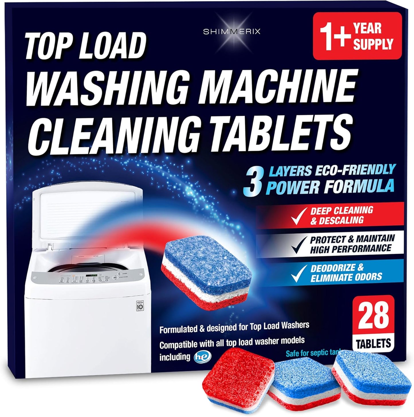 Washing Machine Cleaner Tablets 28 Pack for HE Top Load - Eco Friendly Washer Machine Cleaning Tablets - 3 Layers Septic Safe Wash Machine Full Deodorizer Descaler Protector - 1 Plus Year Supply