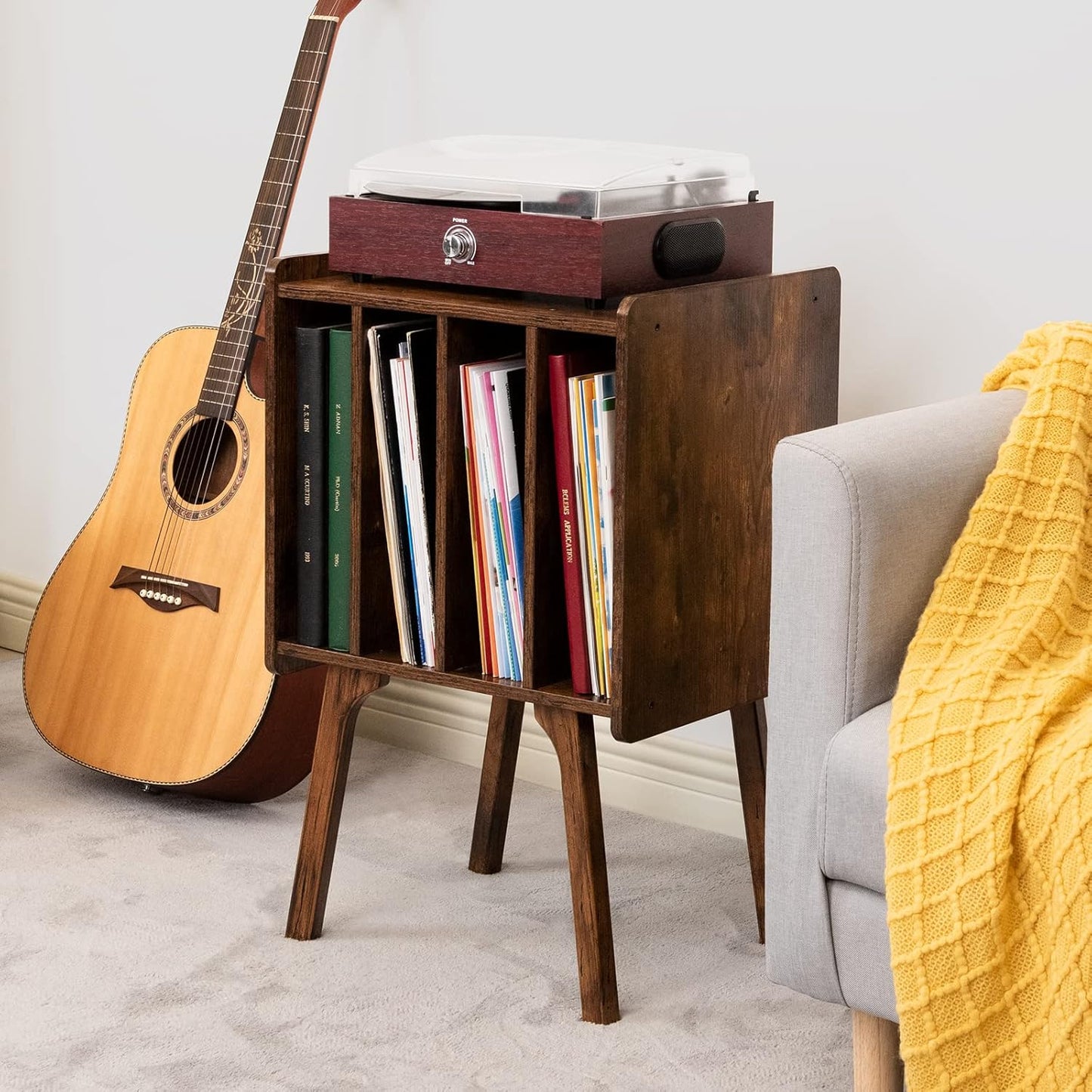 LELELINKY Record Player Stand,Vinyl Record Storage Table with 4 Cabinet Up to 100 Albums,Mid-Century Turntable Stand with Wood Legs,Brown Vinyl Holder Display Shelf for Bedroom Living Room (Patented)