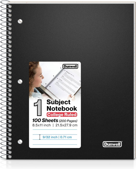 Dunwell College Ruled Spiral Notebook, (Black) 1 Subject Notebook 8.5 x 11 With Plastic Cover & Pocket Divider, 100 Sheets, Perforated Pages, One Subject Spiral Notebook School, 8 1/2 x 11 Paper