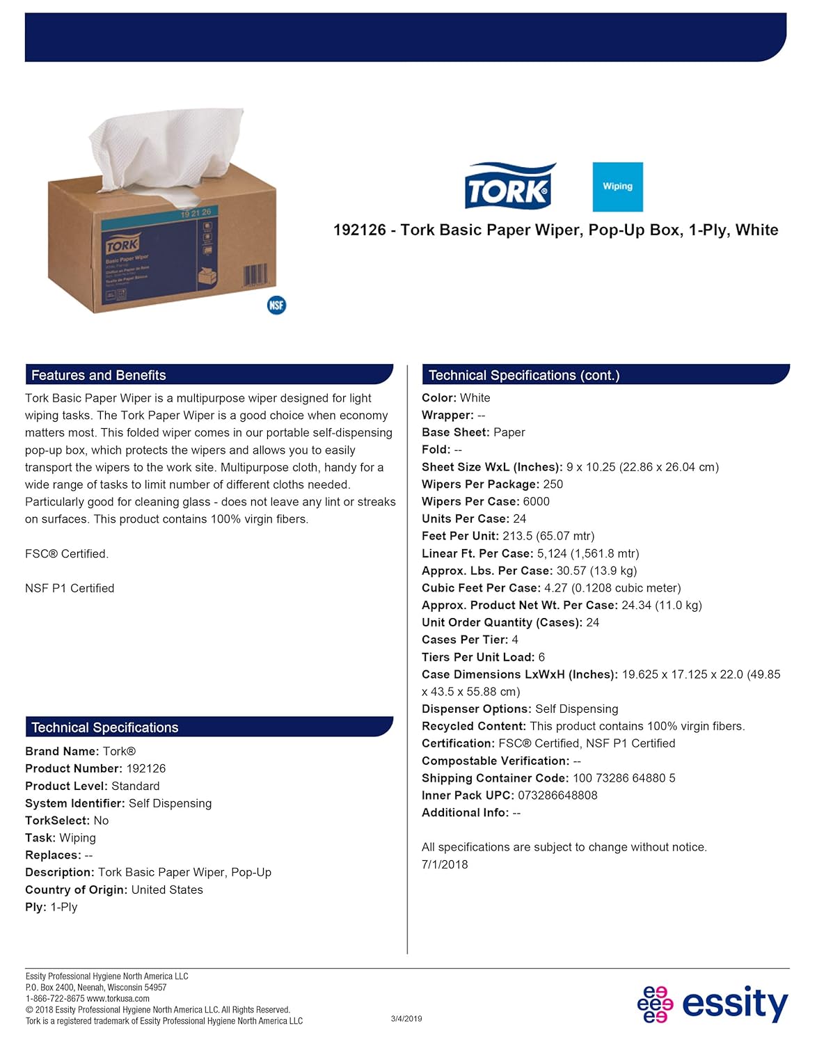 Tork 192126 Basic Wiper, Pop-Up Box, 1-Ply, 9" Width x 10.25" Length, White (Case of 24 Boxes, 250 per Box, 6,000 Towels per Case) Self-Dispensing Box