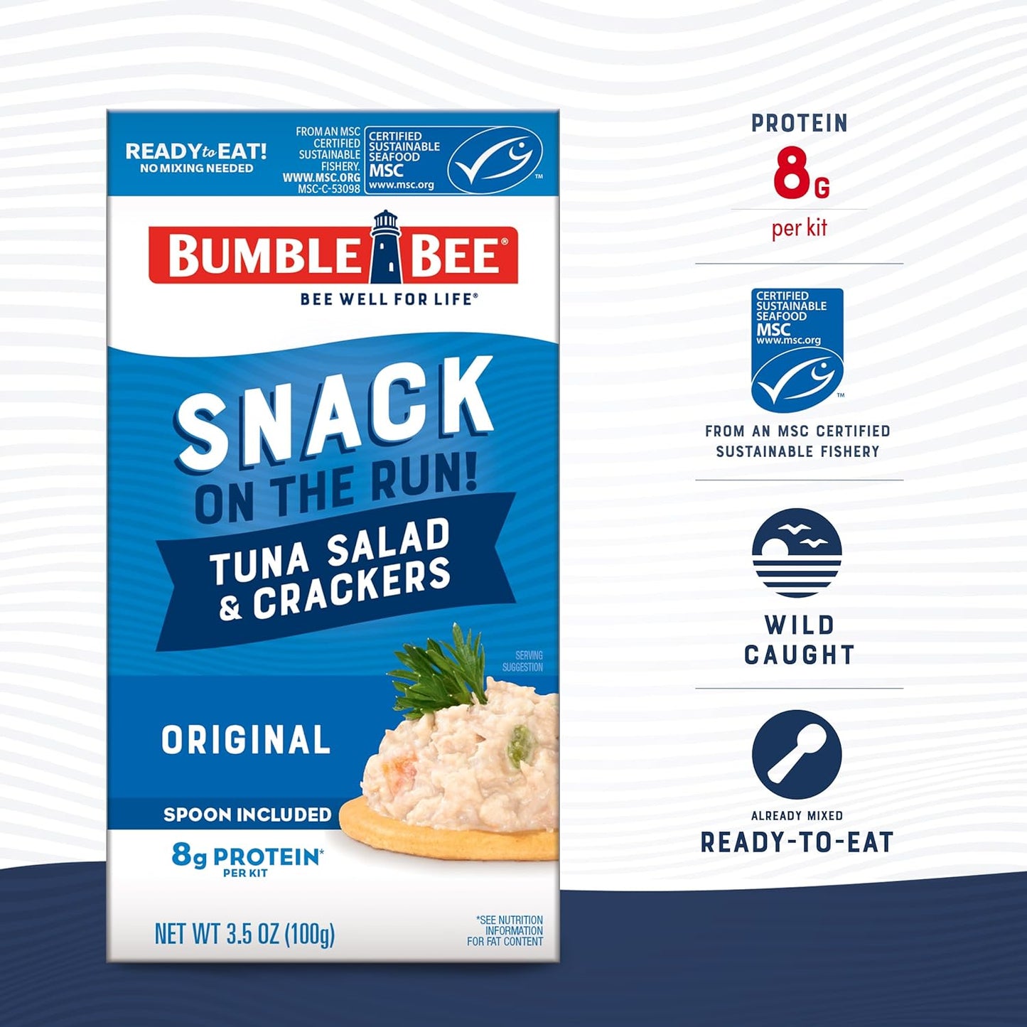 Bumble Bee Snack On The Run Tuna Salad with Crackers Kit, 3.5 oz (Pack of 12) - Ready to Eat, Spoon Included - Wild Caught Tuna - Shelf Stable & Convenient Protein Snack