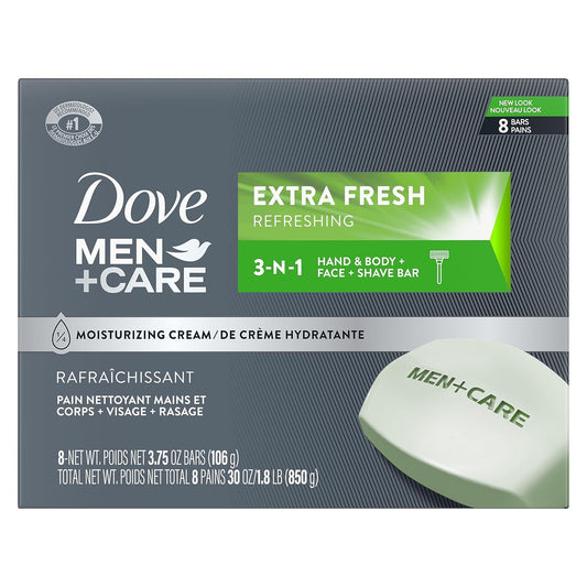 DOVE MEN + CARE 3 in 1 Bar Cleanser for Body, Face, and Shaving Extra Fresh Body and Facial Cleanser More Moisturizing Than Bar Soap to Clean and Hydrate Skin 3.75 Ounce (Pack of 8)