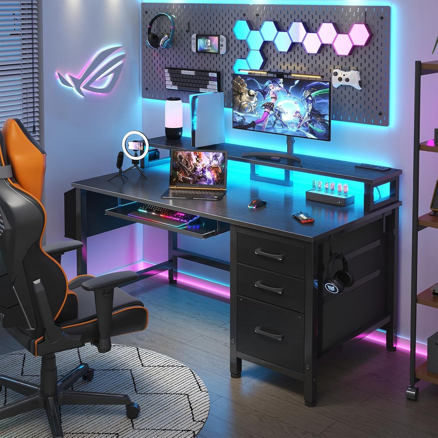 Lufeiya Gaming Desk with LED Lights and Power Outlets, 47 Inch Home Office Desks with Keyboard Tray, Computer Desk with File Drawers Cabinet, Writing Table PC Desks with Monitor Stand, Black