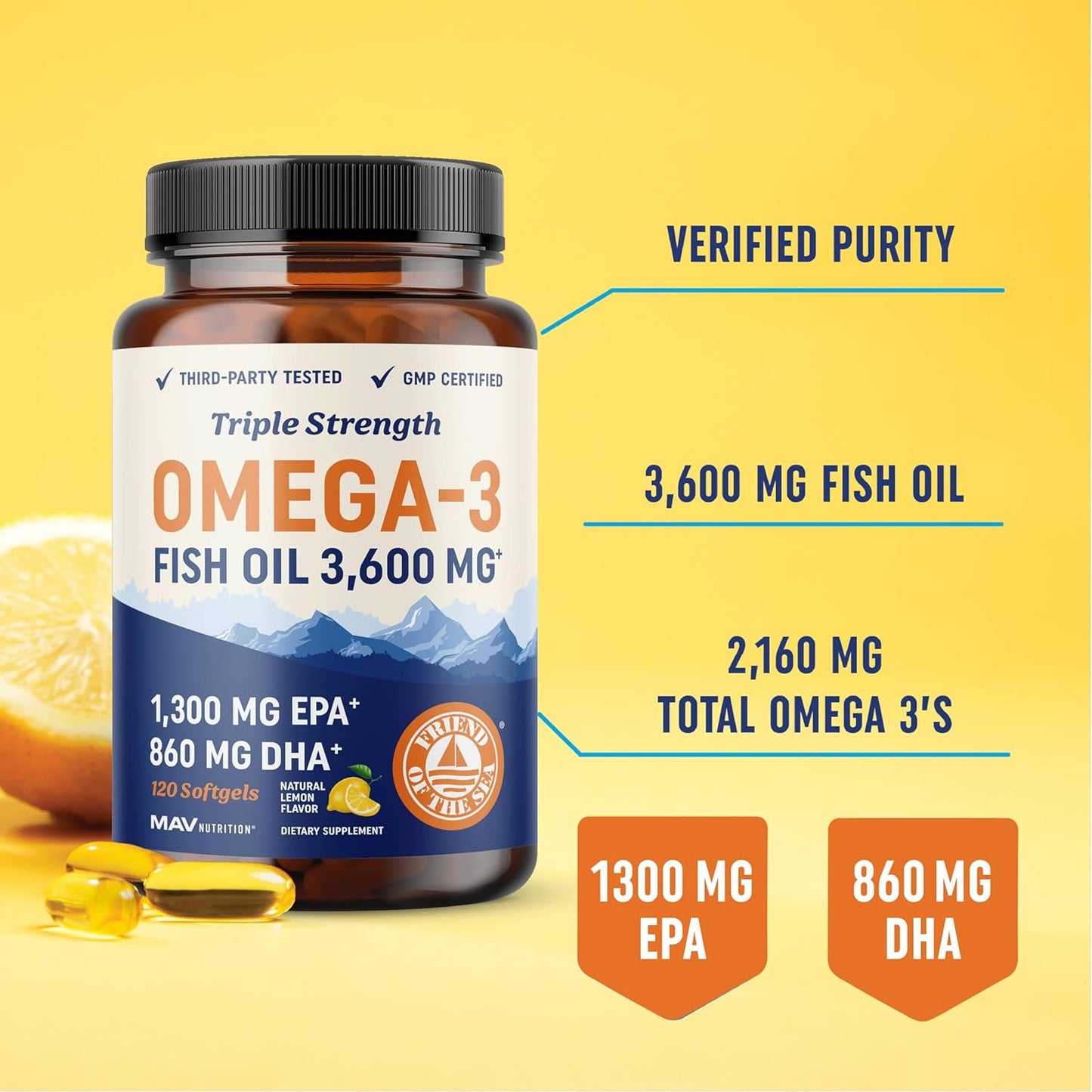 Triple Strength Omega 3 Fish Oil 3600 mg | EPA & DHA | Over 2100mg of Omega-3 Fatty Acids | 1300mg EPA + 860mg DHA | Best Essential Fatty Acids | Premium Burpless Softgel Supplements (120 Ct)