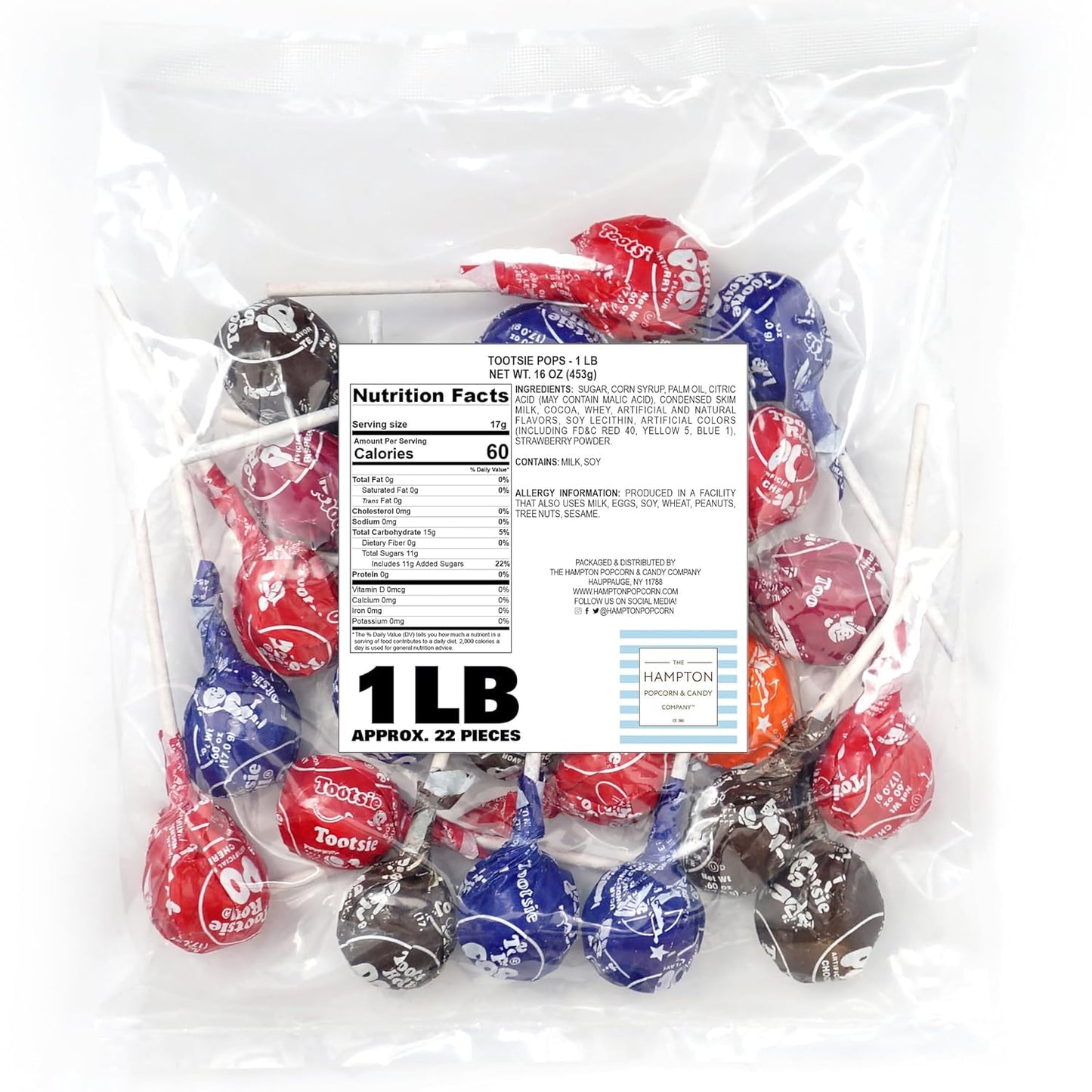 Tootsie Roll Pops with Chocolate Tootsie Roll Center, 1lb Bulk Bag (Approx 22 Count), Original Assorted Fruit Flavors, The Hampton Popcorn & Candy Company