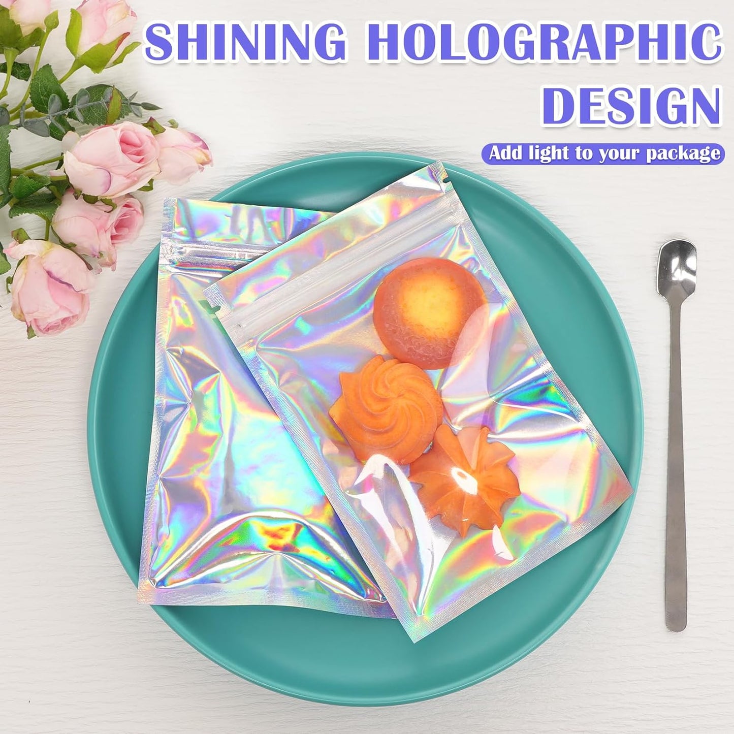 100 Pcs Mylar Bags, Smell Proof Bags with Clear Window, Holographic Bags for Snack, Cookie, Jewelry, Candy, Gift, Resealable Bags for Small Business, Sealable Bags for Packaging（2.4x3.9in）