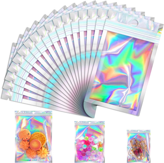 100 Pcs Mylar Bags, Smell Proof Bags with Clear Window, Holographic Bags for Snack, Cookie, Jewelry, Candy, Gift, Resealable Bags for Small Business, Sealable Bags for Packaging（2.4x3.9in）