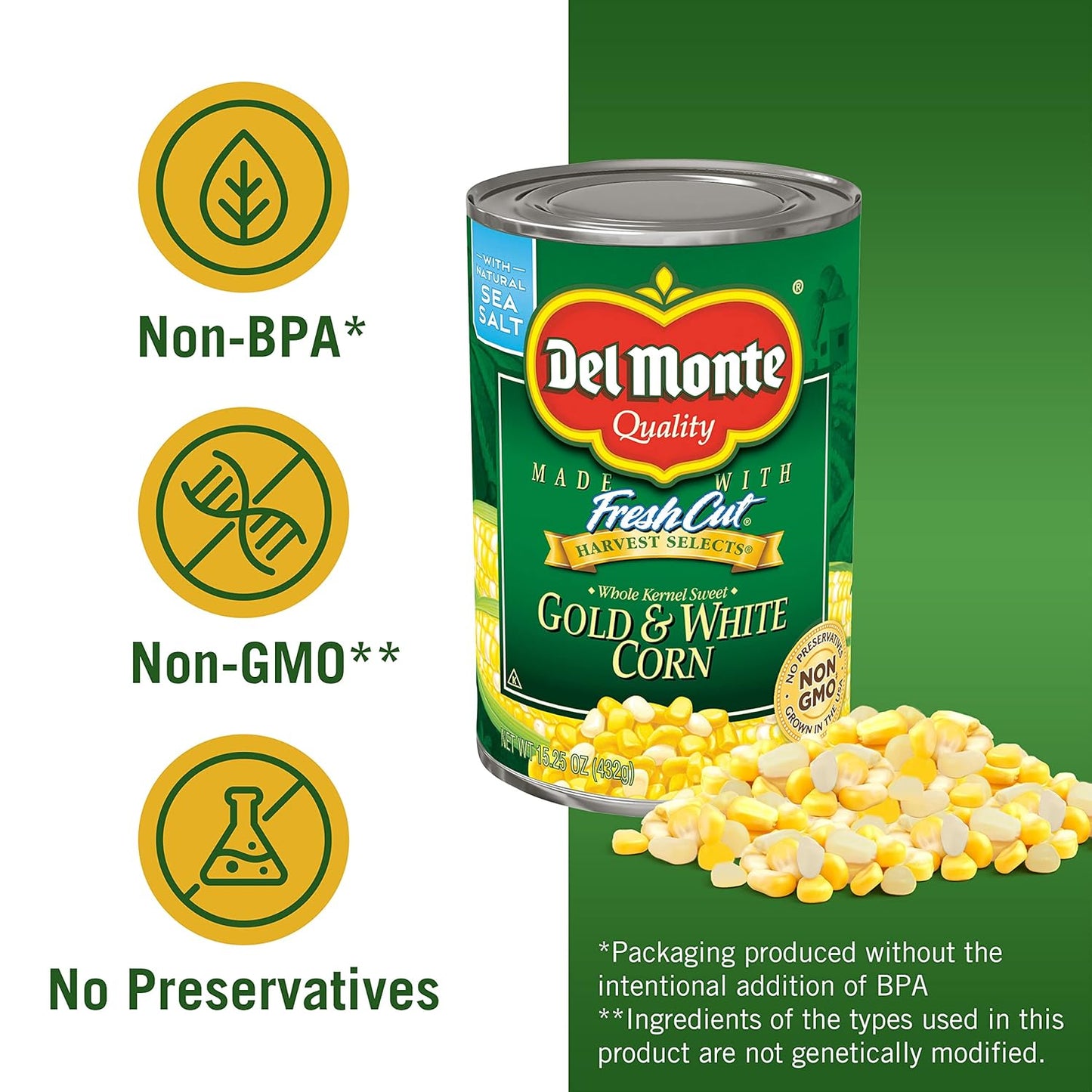 Del Monte Canned Harvest Select Fresh Cut Whole Kernel Sweet Gold & White Corn, 15.25 Ounce (Pack of 12)