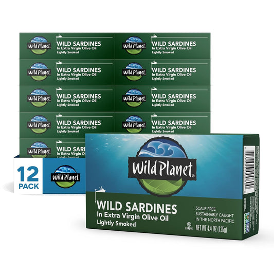 Wild Planet Wild Sardines in Extra Virgin Olive Oil, Lightly Smoked, Tinned Fish, Sustainably Wild-Caught, Non-GMO, Kosher, Gluten Free, 4.4. Ounce (Pack of 12)