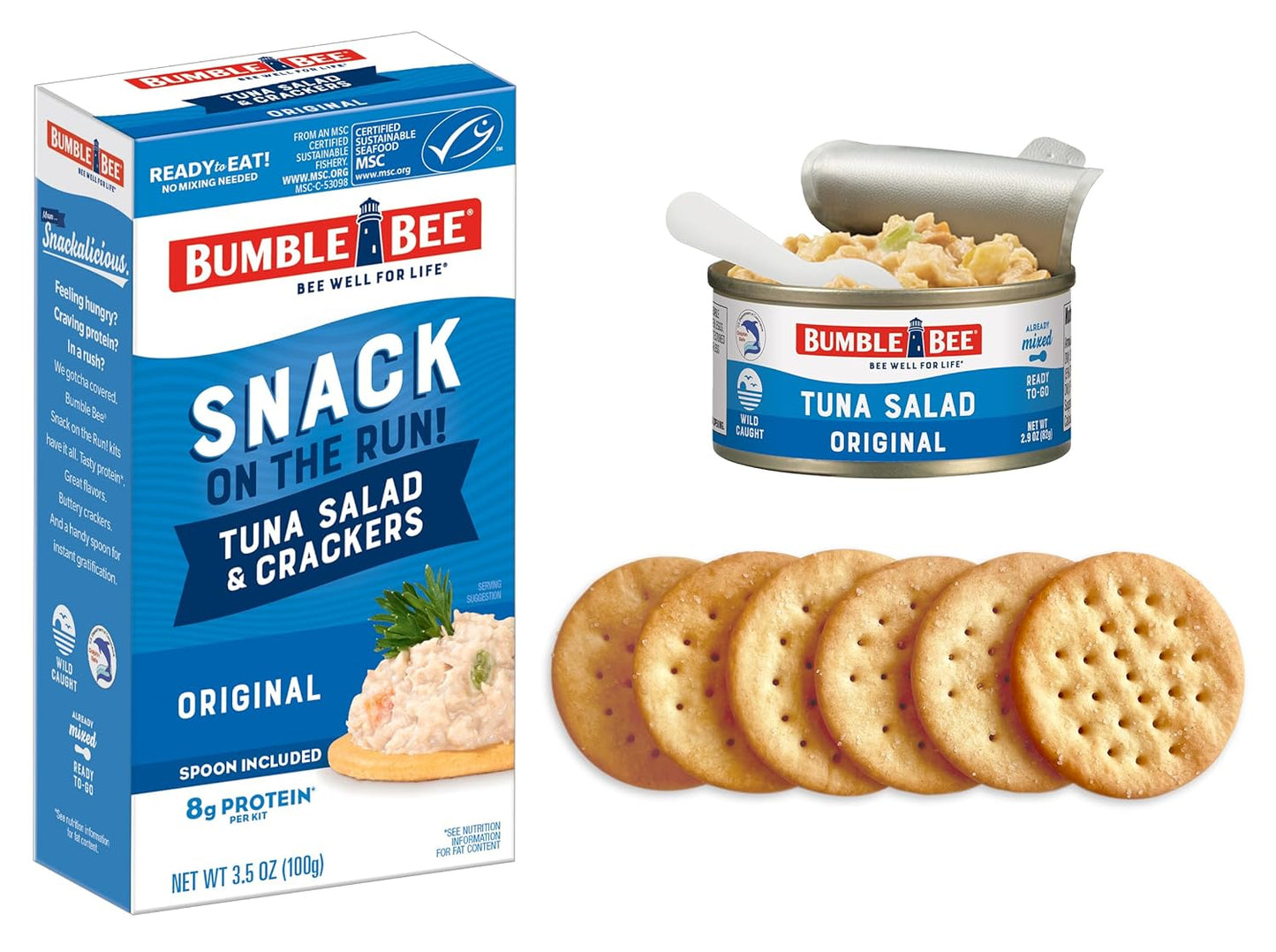 Bumble Bee Snack On The Run Tuna Salad with Crackers Kit, 3.5 oz (Pack of 12) - Ready to Eat, Spoon Included - Wild Caught Tuna - Shelf Stable & Convenient Protein Snack