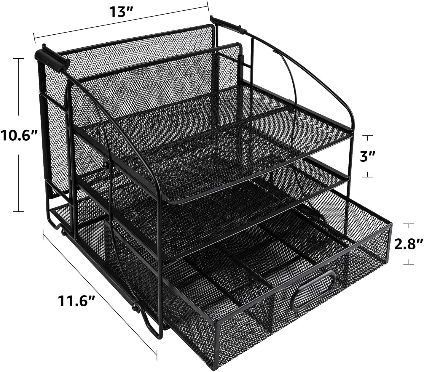 Amazon Basics Rectangular Desk Organizer 3 Tray w/Sliding Drawer and Hanging File Holder, Black