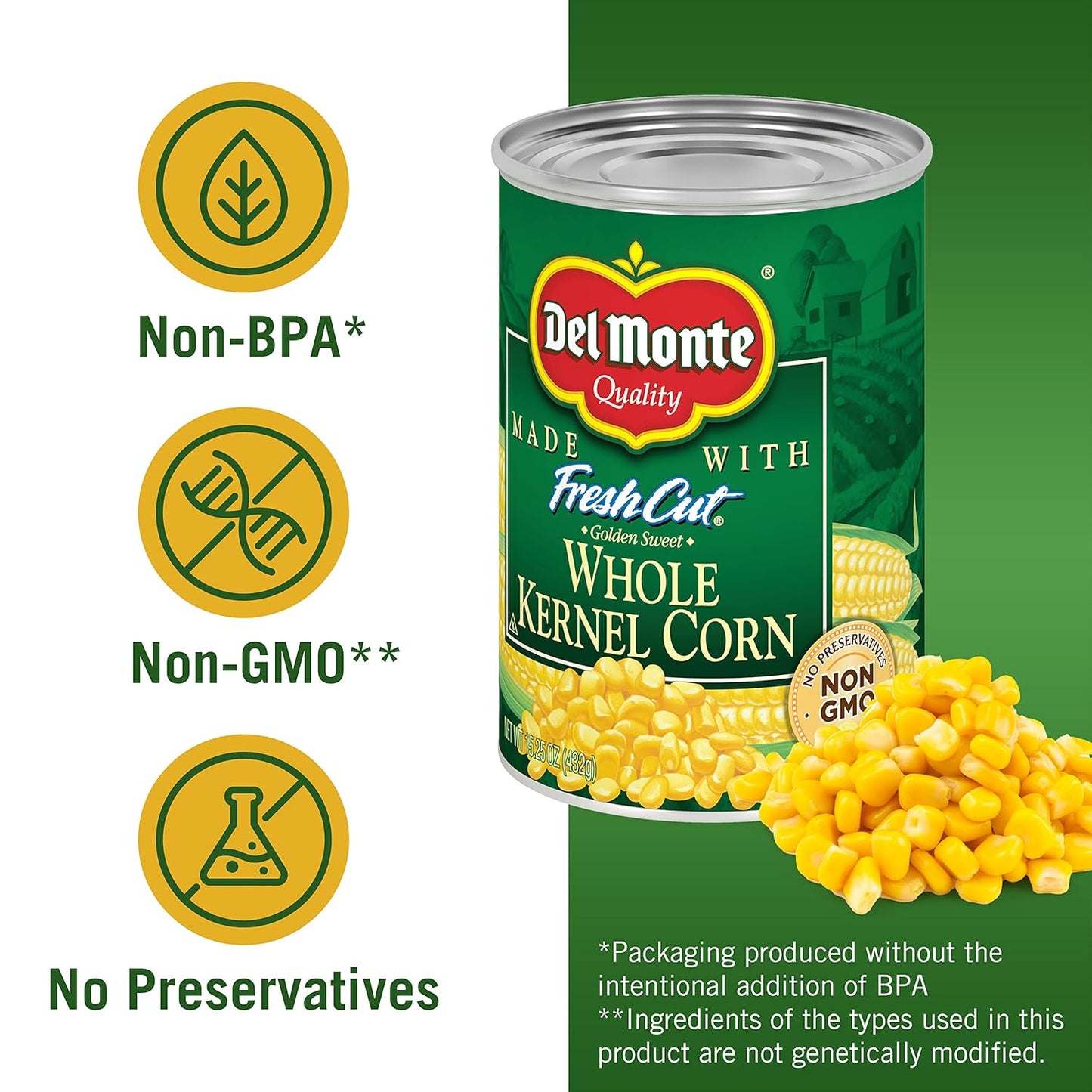 Del Monte Fresh Cut Golden Sweet Whole Kernel Corn Canned Vegetables, 15.25 Oz, Pack of 4