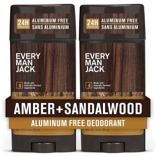 Every Man Jack Amber + Sandalwood Men’s Deodorant - Stay Fresh with Aluminum Free Deodorant For all Skin Types - Odor Crushing, Long Lasting, with Naturally Derived Ingredients - 3oz (2 Pack)