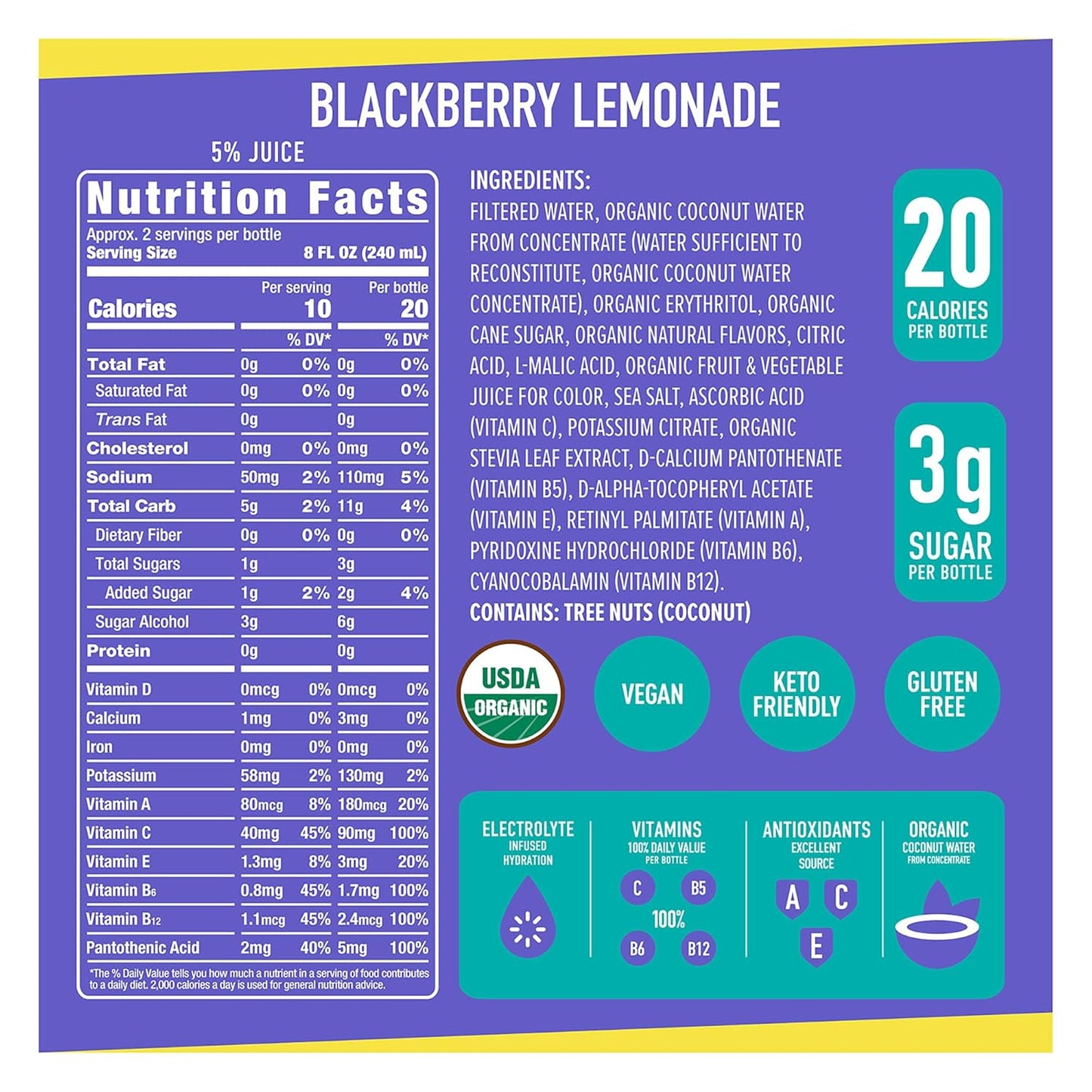 ROAR Complete Hydration Organic - Electrolyte Drinks Loaded with Vitamins C, B5, B12 - Non-GMO, Gluten-Free - Blackberry Lemonade - 12 pc