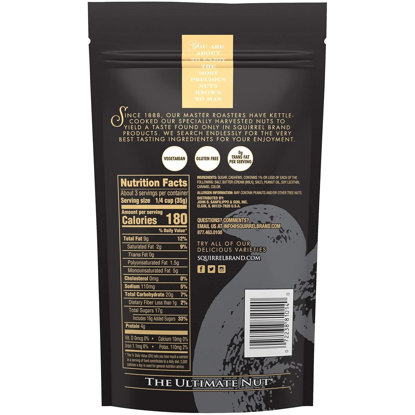 Squirrel Brand Sweet Brown Butter Cashews, 3.5 Ounces Resealable Bag, Gluten Free, Vegetarian