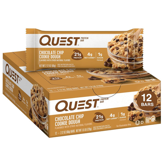 Quest Nutrition Chocolate Chip Dough Cookie Protein Bars, 21g Protein, 1g Sugar, 4g Net Carb, Gluten Free, Keto Friendy, 12 Count