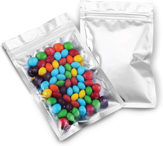 Mylar Bags with Ziplock 4" x 6" | 100 Bags | Sealable Heat Seal Bags for Candy and Food Packaging, Medications and Vitamins | Plastic and Aluminum Foil Packets for Liquid and Solids