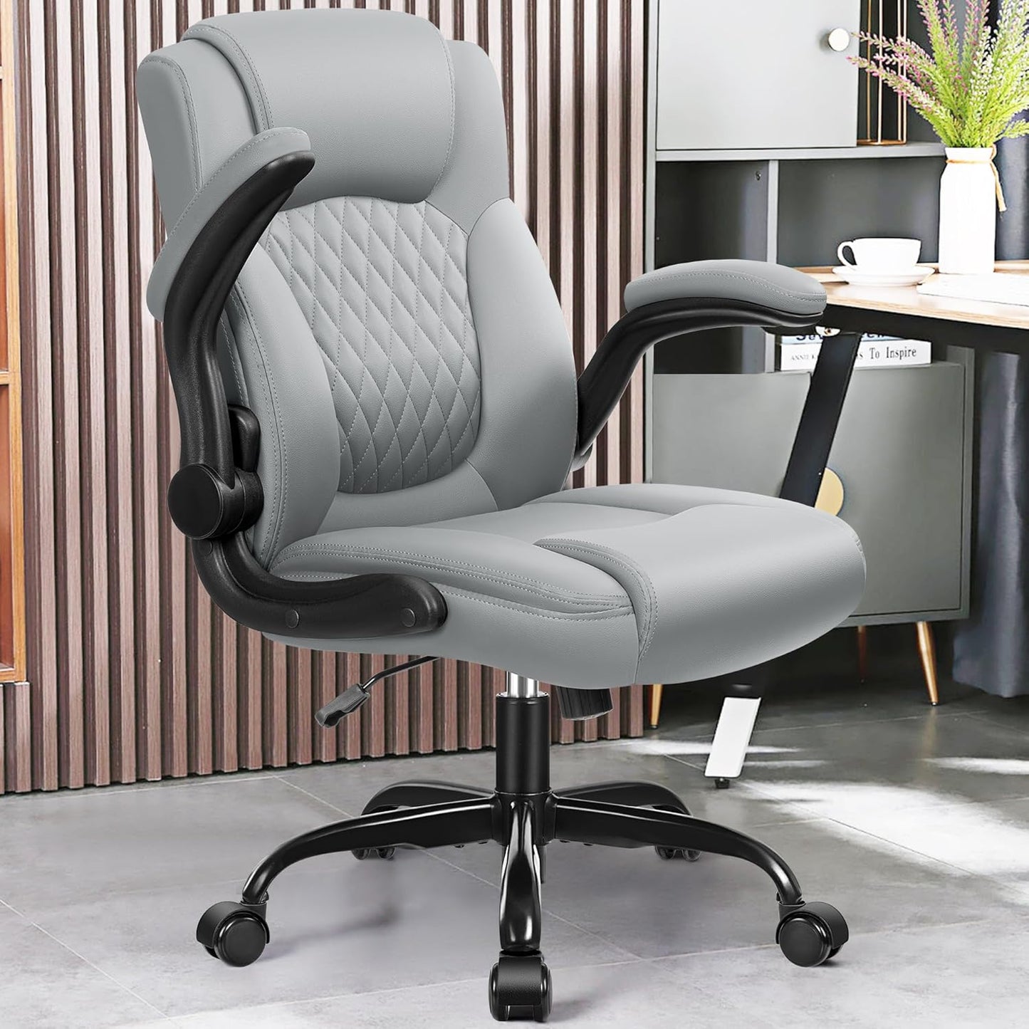 Leather Office Chair, PU Home Computer Desk Chairs with Ergonomic Back Support, 360°Swivel Free，Small Gmaing Chair with Wheels and Adjustable Armrests, for Short People Use, Gray