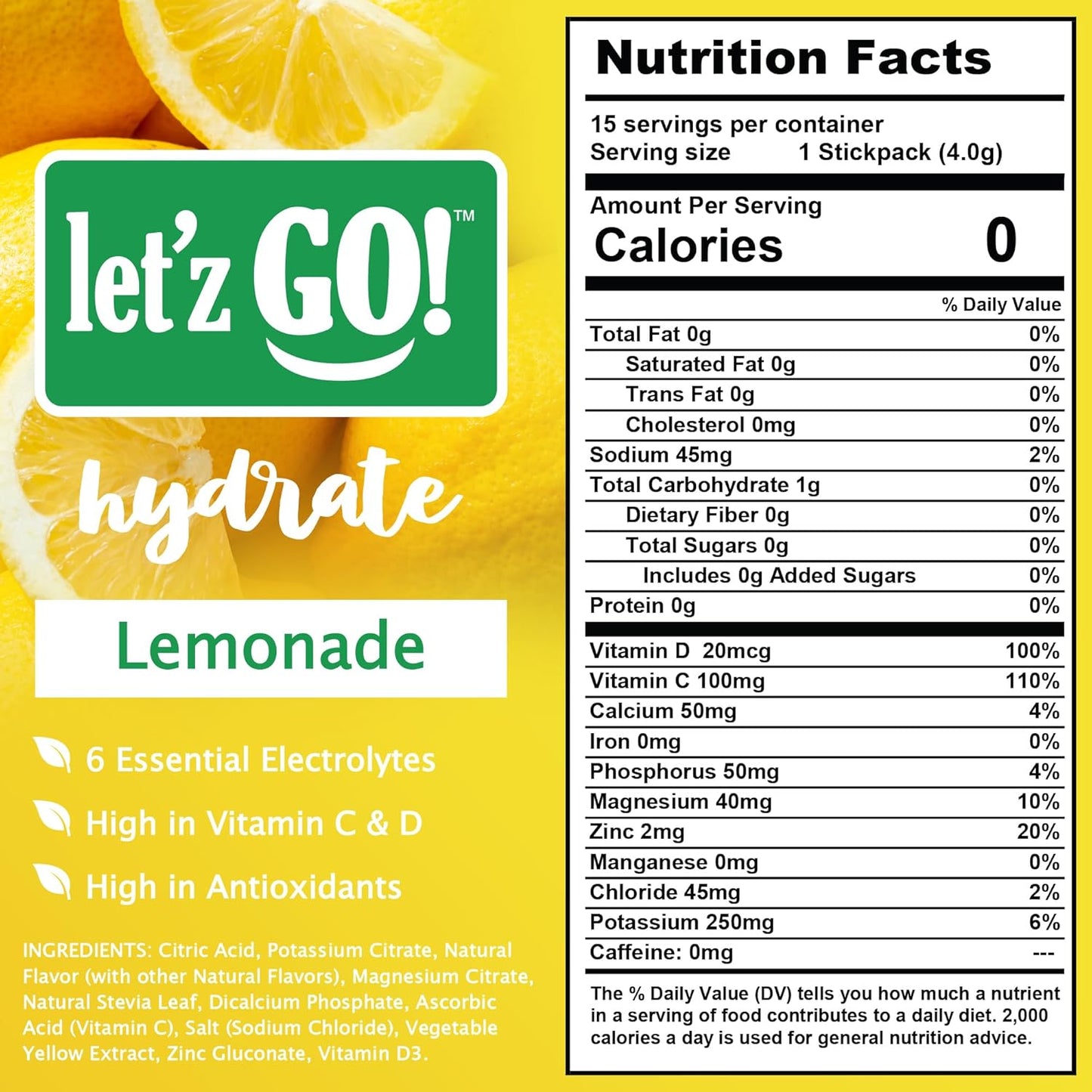 Let'z Go! Hydrate- Natural Hydration + Electrolyte Drink Mix- Hydration + Electrolytes + Antioxidant Powder Packets, Natural Flavors, Vitamins C + D | No Sugar | No Calories | (15 Count) Lemonade