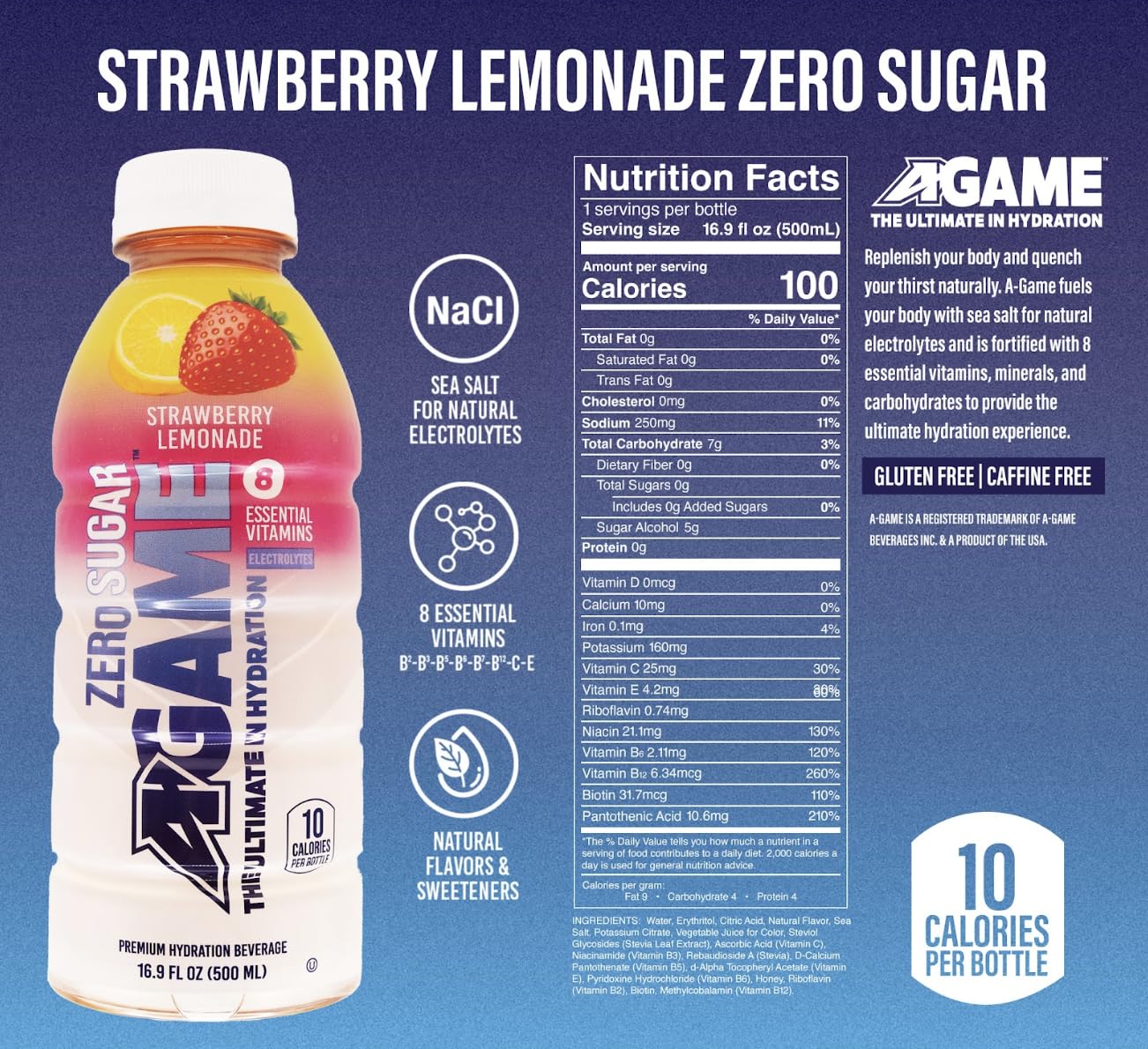 A-Game Zero Sugar Sports Drink, Strawberry Lemonade Zero, Sugar Free Hydration Sports Beverage, 8 Vitamins Plus Electrolytes, Natural Flavors, Gluten Free & Keto Friendly, 16.9 Fl Oz (Pack of 12)