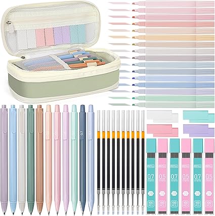 52 PCS Aesthetic School Supplies with Cute Pencil Case, Stationery Essentials with Pens Pencils and Pastel Highlighters Set,College Back to School Supplies for Teen Girls,Pastel Office Supplies