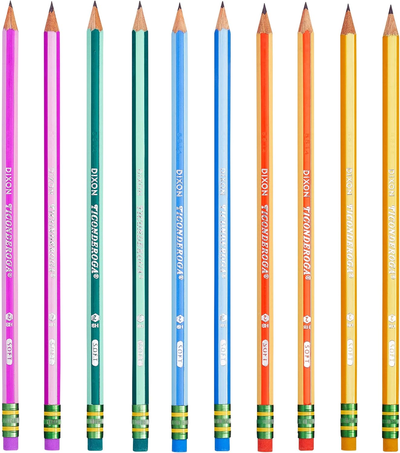 Ticonderoga X13910 Striped Wood-Cased Pencils, 2 HB Soft, Pre-Sharpened, 10 Count, Assorted Colors