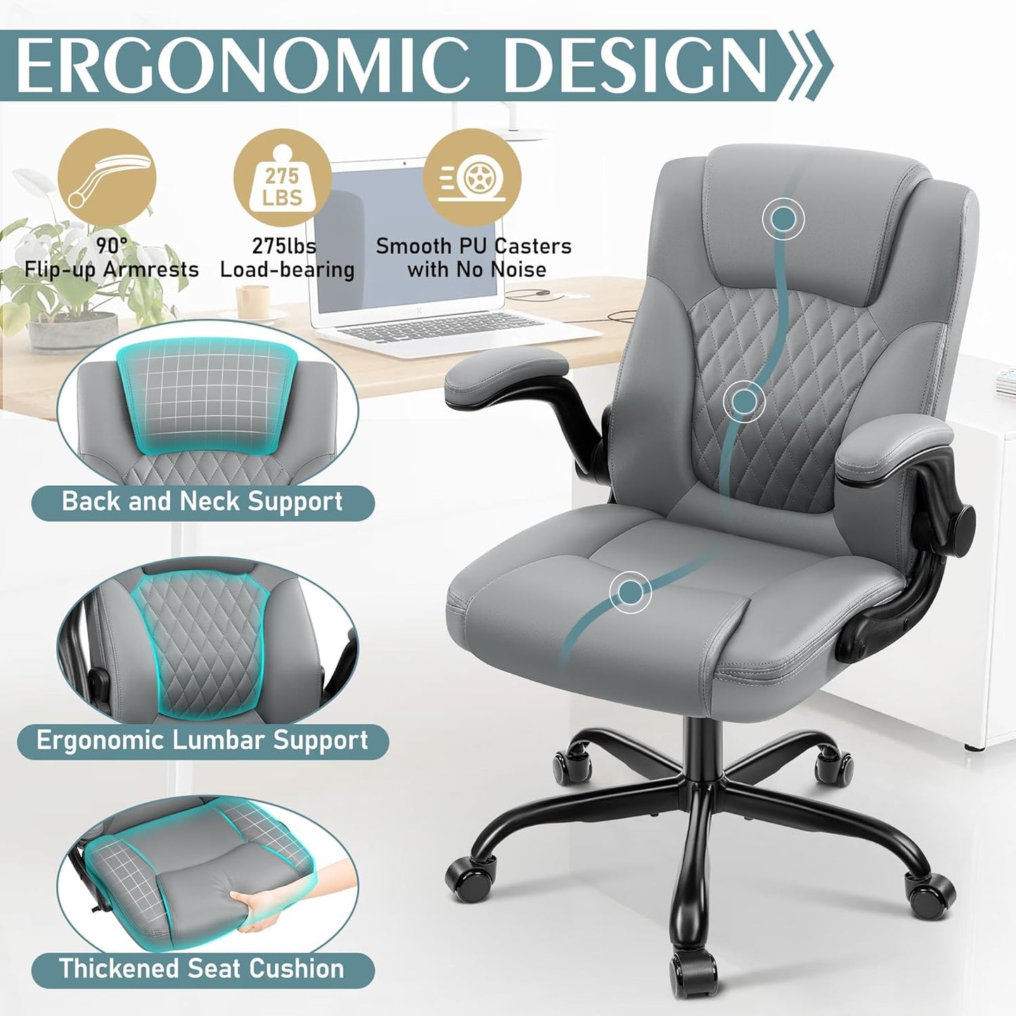 Leather Office Chair, PU Home Computer Desk Chairs with Ergonomic Back Support, 360°Swivel Free，Small Gmaing Chair with Wheels and Adjustable Armrests, for Short People Use, Gray