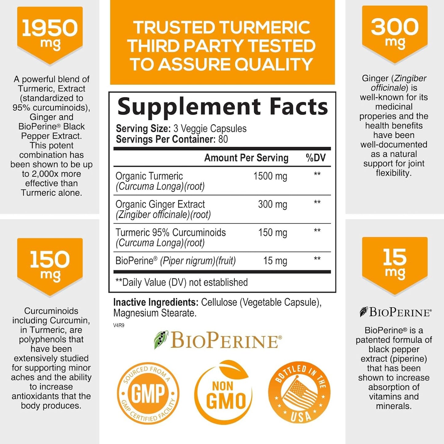 Turmeric Curcumin with BioPerine & Ginger 95% Curcuminoids 1950mg - Black Pepper Extract for Max Absorption, Nature's Joint Support Supplement, Herbal Turmeric Pills, Vegan Non-GMO - 240 Capsules