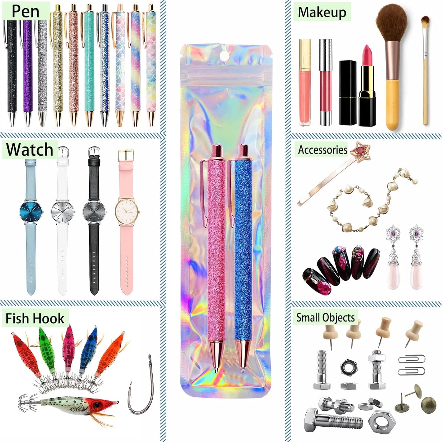 100pcs Pen Bags Holographic Ziplock Packaging Bag Pen Packaging Bags for Small Business 2.4x9 inch Resealable Sample Bags for Packaging Lipgloss,Jewelry,Cosmetic