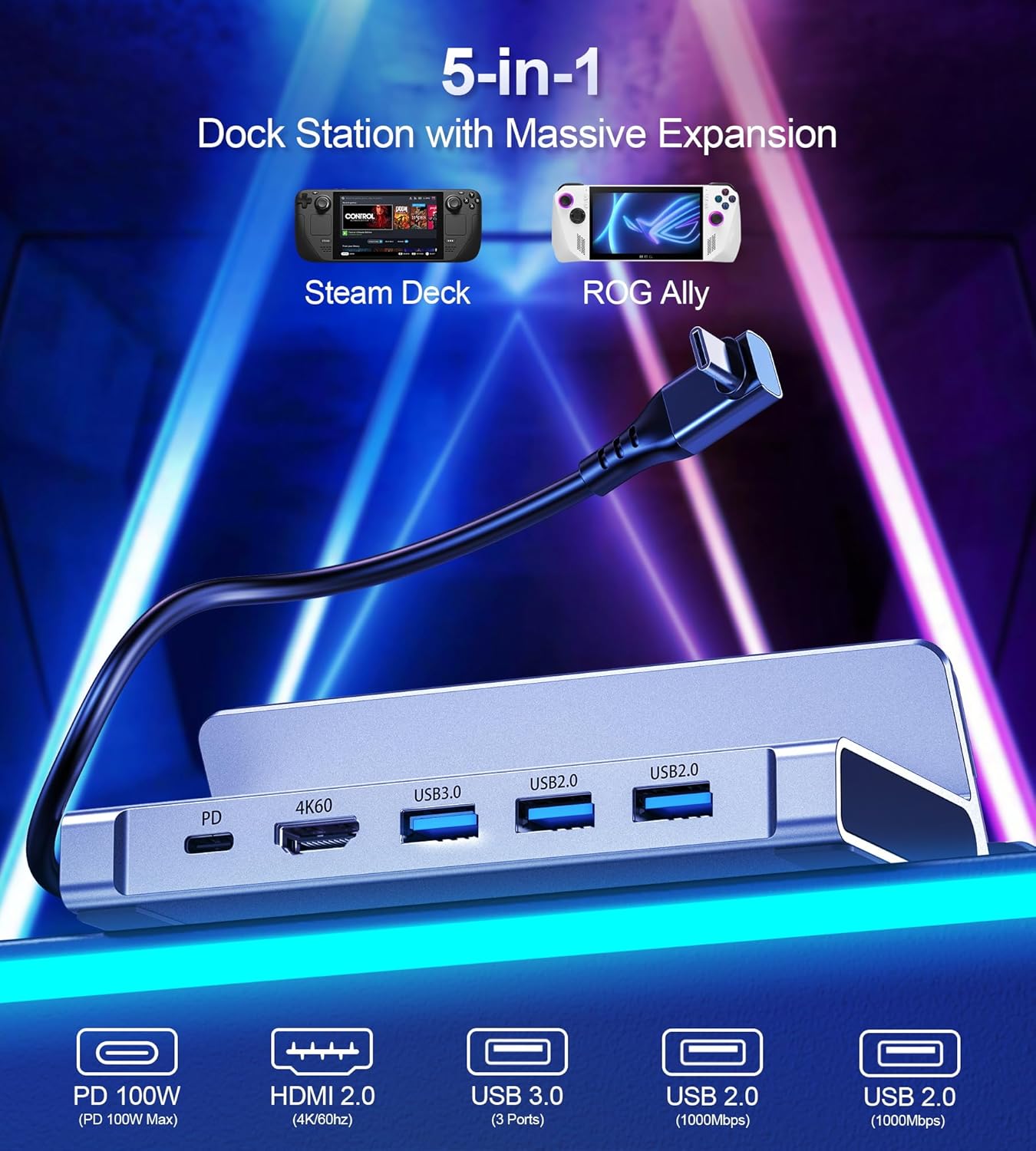 Docking Station for Steam Deck/ROG Ally, 5-in-1 Steam Deck Dock Stand with HDMI 2.0 4K@60Hz, 3 USB-A and 100W Full Speed Charging USB-C PD Port Compatible with Valve Stream Deck/ROG Alloy Accessories