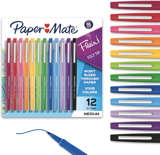 Paper Mate Flair Felt Tip Pens | Medium Point 0.7 Millimeter Marker Pens | School Supplies for Teachers & Students | Assorted Colors, 12 Count