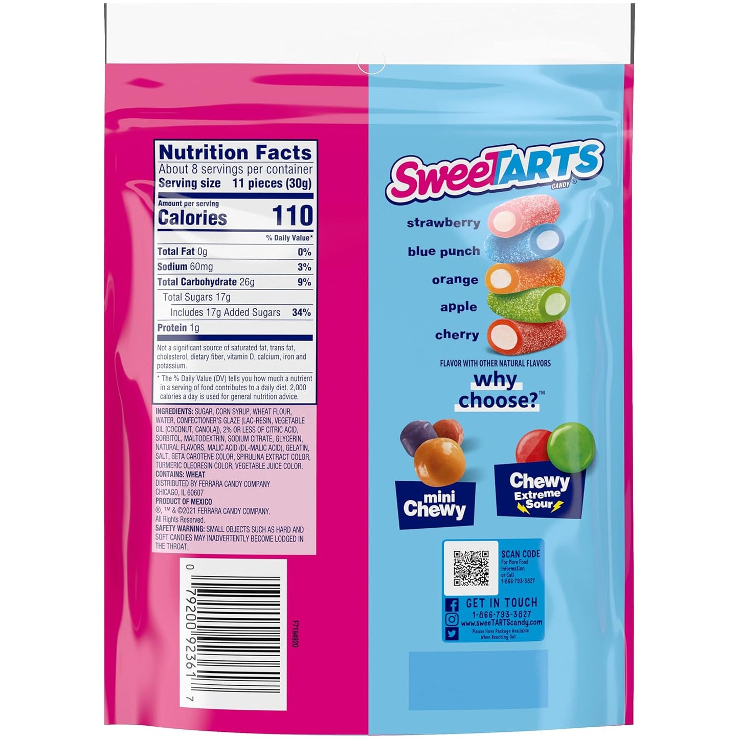 SweeTARTS Rope Bites Candy, Mixed Fruit, 8 Ounce Resealable Bag