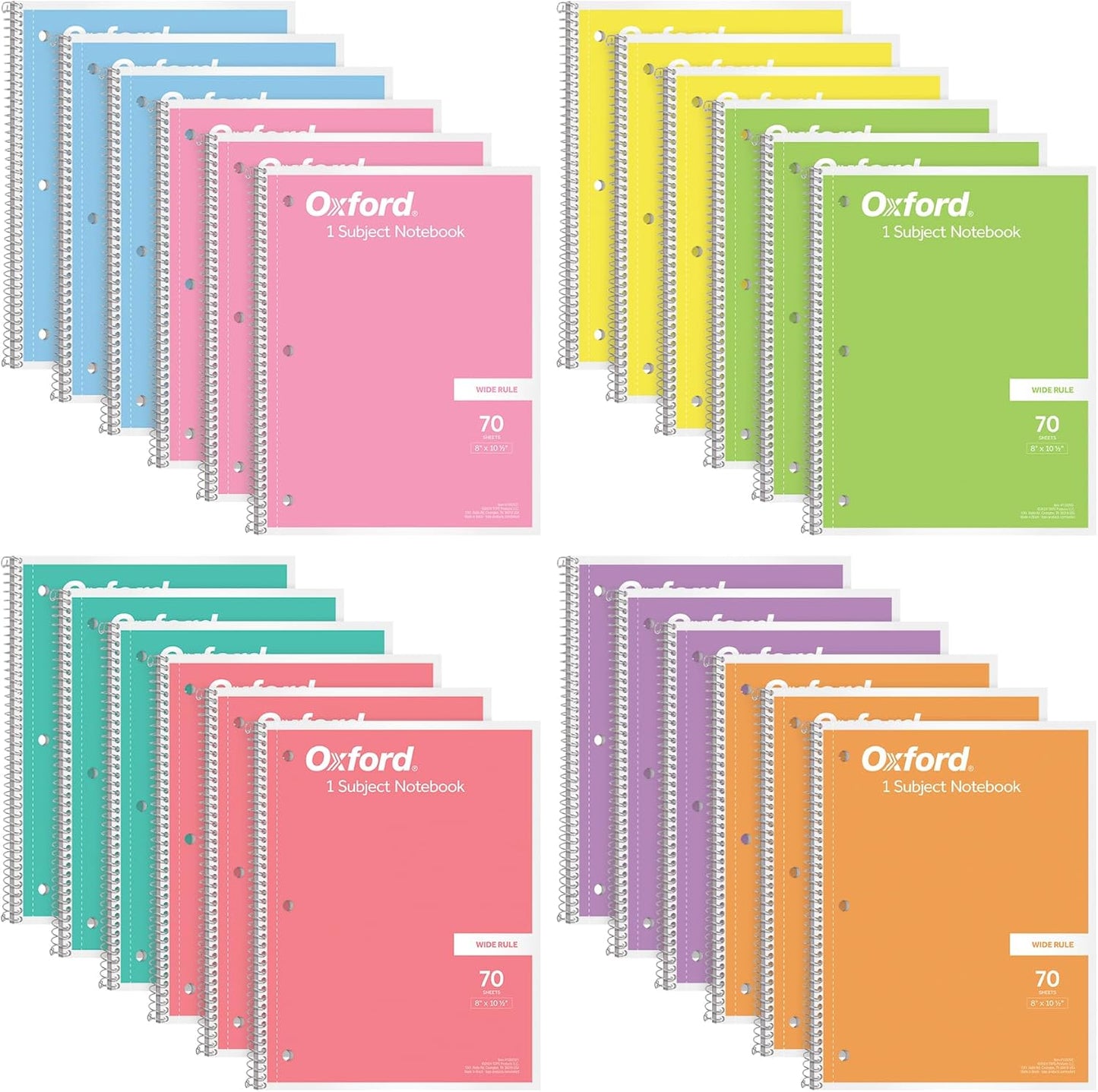 Oxford Spiral Notebook Wide Ruled - 24 Pack - 1 Subject Notebooks for School - 8 x 10-1/2 Inch - 8 Pastel Colors Included - 70 Sheets