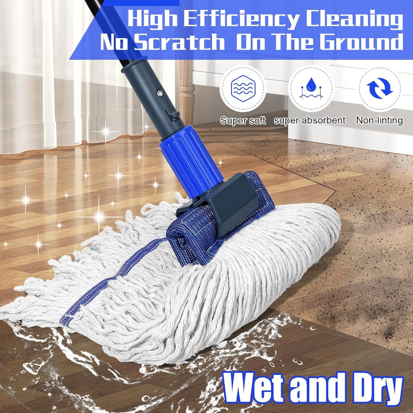 Heavy Duty Commercial Mop Industrial Cotton Mop with Extra Replacement Mop Head,Looped-End String Wet Mop for Floor Cleaning, Long Handle Janitorial Mop for Home,Garage,Office,Workshop, Warehouse