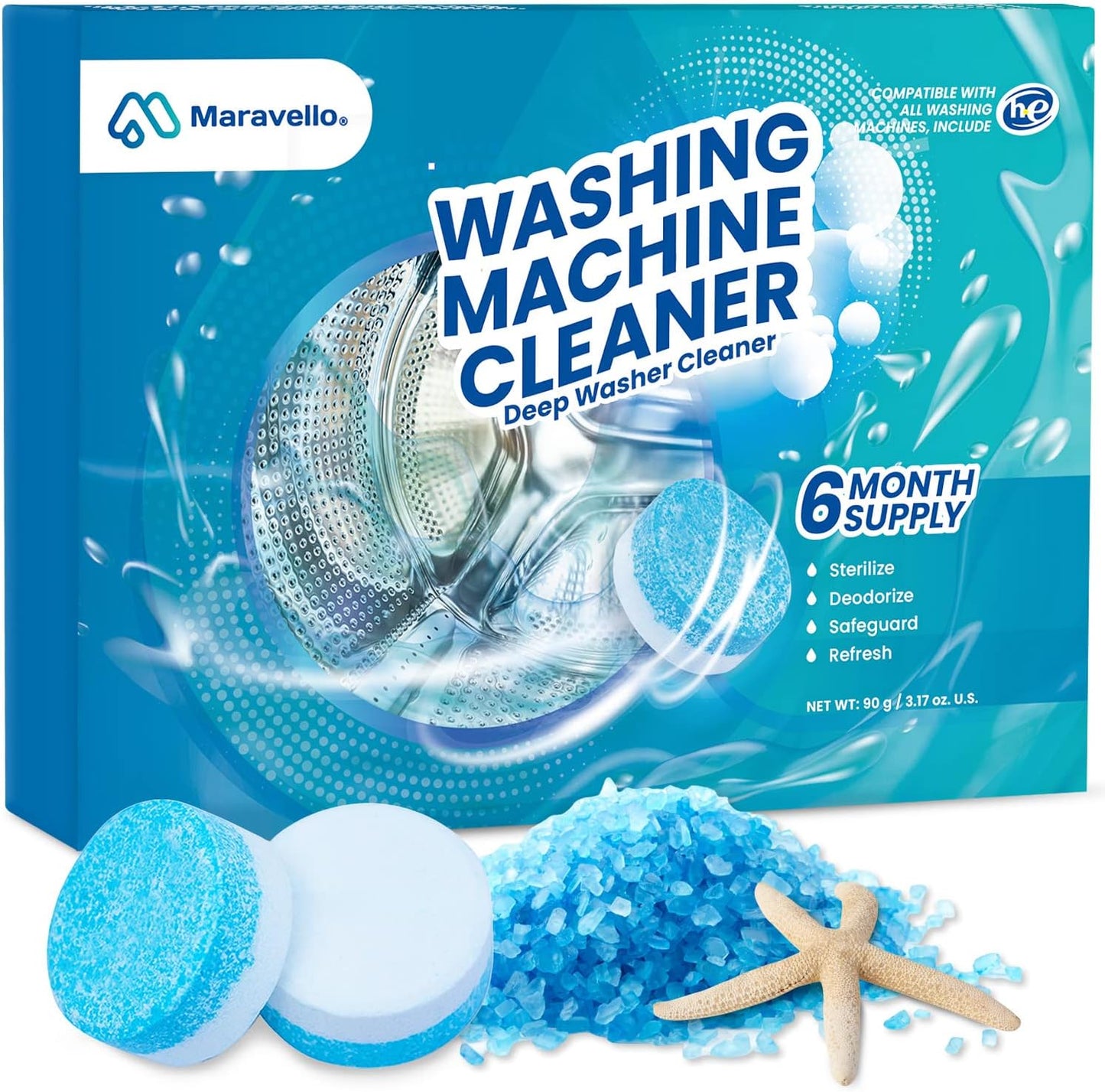 Maravello Washing Machine Cleaner Descaler Tablets Washing Machine Cleaning Tablets - for Front Load and Top Load Washers, Mold and Stain Remover for Laundry Tub 6-Month Supply (Sea Salt, 6 Count)