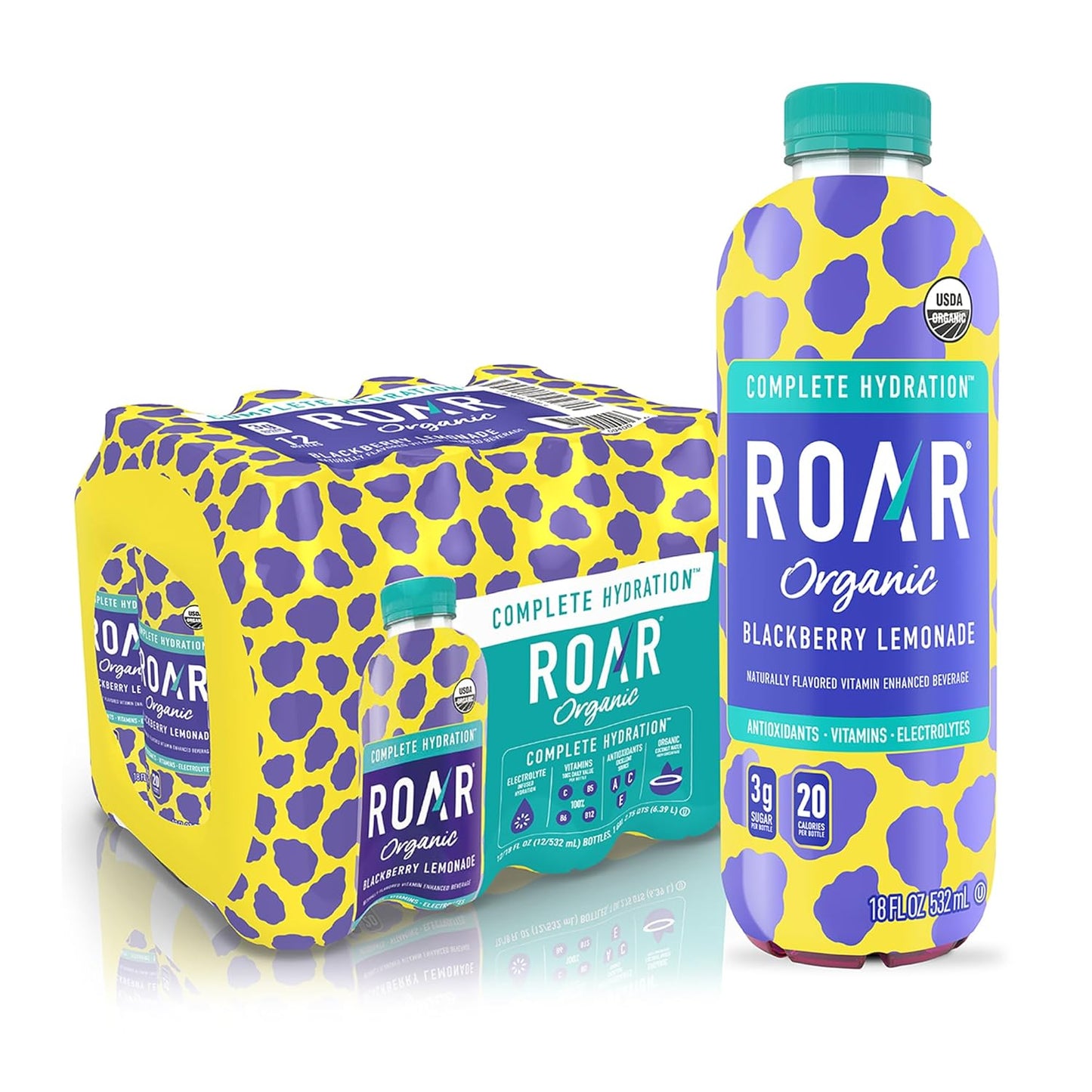 ROAR Complete Hydration Organic - Electrolyte Drinks Loaded with Vitamins C, B5, B12 - Non-GMO, Gluten-Free - Blackberry Lemonade - 12 pc