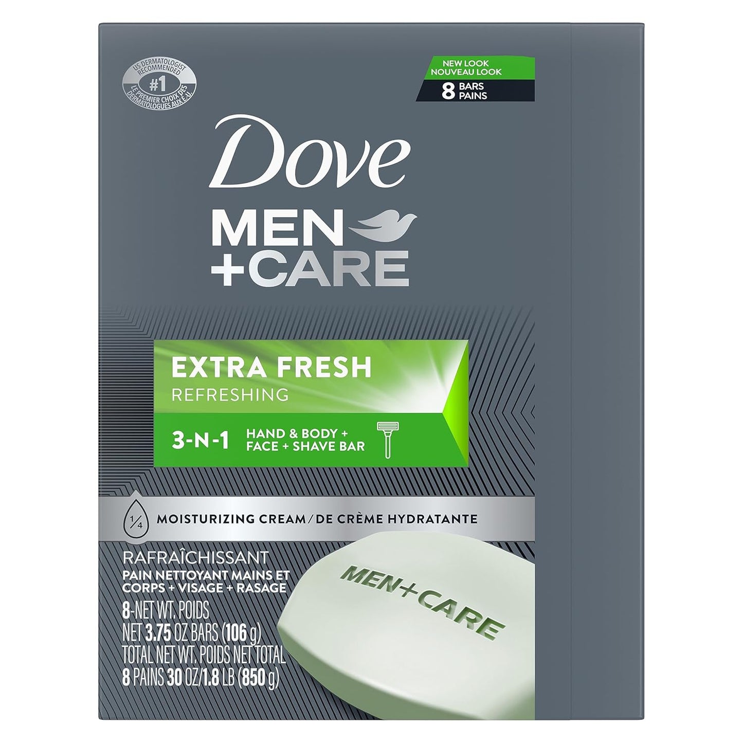 DOVE MEN + CARE 3 in 1 Bar Cleanser for Body, Face, and Shaving Extra Fresh Body and Facial Cleanser More Moisturizing Than Bar Soap to Clean and Hydrate Skin 3.75 Ounce (Pack of 8)