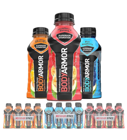 BODYARMOR Sports Drink Variety Pack, Coconut Water Hydration, Natural Flavors w Vitamins, Potassium Packed Electrolytes For Athletes, Strawberry Banana, Blue Raspberry, Orange Mango, 12 Oz - 24 pack